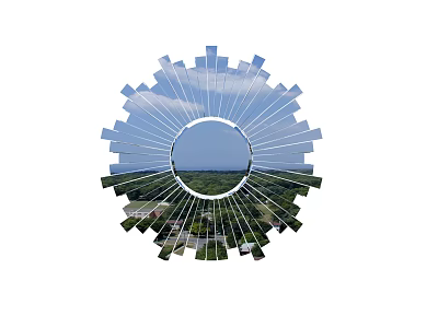 Circular Mirror With Radial Fragment Design Reflecting Sky Clouds And Green Landscape 3d model