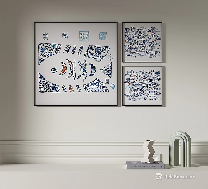 Blue And White Framed Wall Art With Fish And Geometric Patterns And Decorative Objects 3d model