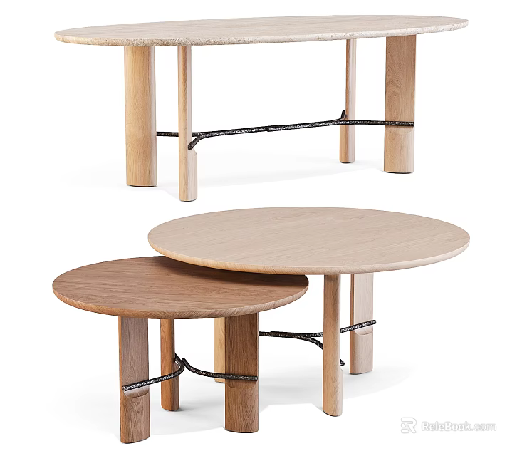 Minimalist Wooden Dining Table Set With Round Tops And Multiple Sizes 3d model