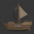Wooden Sailing Ship With Raised Canvas Sail And Intricate Deck Structures