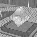 Geometric Sculpture With Black White Stripes And Hollow Circular Center On Modern Gray Stone Floor