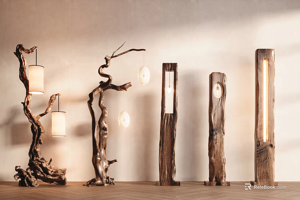 Unique Wooden Floor Lamps With Natural Branch Design And Soft Illumination 3d model 