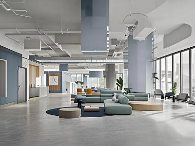 Modern Public Office Space With Open Layout Sofa Coffee Tables Plants And Large Windows 3d model