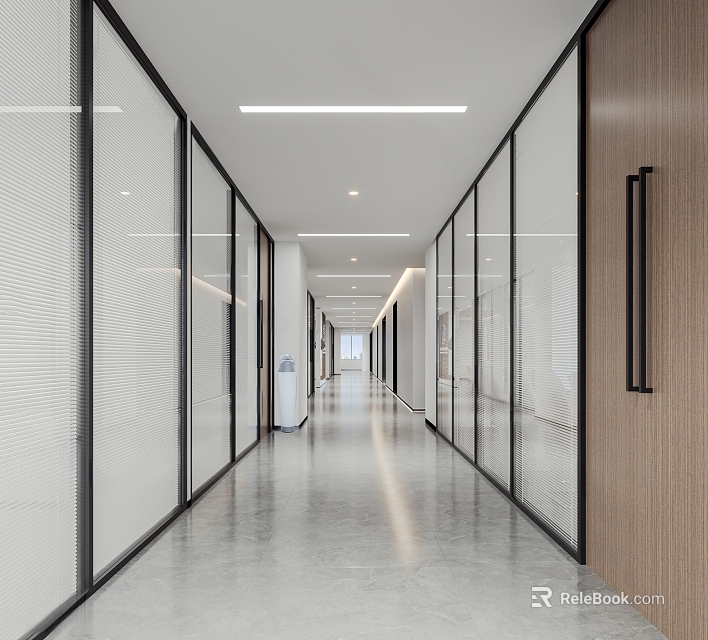 Modern Office Corridor Design With Glass Partitions Polished Floor And Ceiling Lights 3d model 