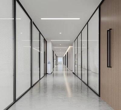 Modern Office Corridor Design With Glass Partitions Polished Floor And Ceiling Lights 3d model