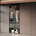 Modern Wooden Wardrobe With Glass Door And Hanging Clothes Storage Boxes In Minimalist Interior