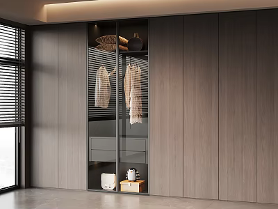 Modern Wooden Wardrobe With Glass Door And Hanging Clothes Storage Boxes In Minimalist Interior 3d model