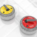 Curling Stones with Olympic Rings Yellow Red Handles and Gray Textured Surface