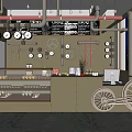 Industrial Style Bar Counter With Pastries Display Case Gauges Pipes Pendant Lights And Wheel