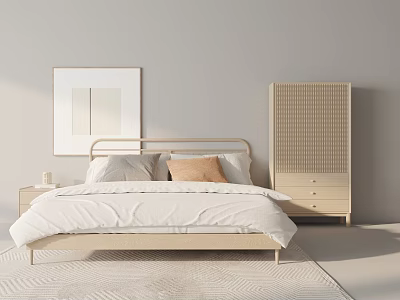 Modern Minimalist Light Colored Double Bed Bedroom With Nightstand Wardrobe Wall Art And Carpet 3d model