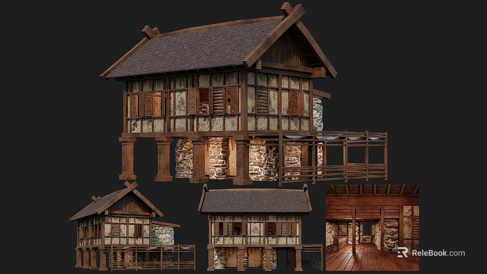 Ancient Traditional Building Featuring Wooden Structure Tile Roof Stone Walls Multiple Views And Interior Details 3d model 