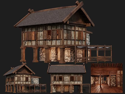 Ancient Traditional Building Featuring Wooden Structure Tile Roof Stone Walls Multiple Views And Interior Details 3d model