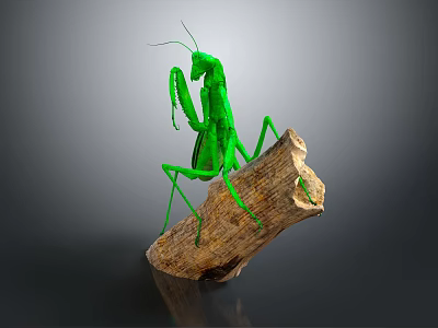 Green Praying Mantis Standing On Natural Wooden Log Against Gray Background 3d model