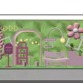 Colorful Decorative Setup With Green Backdrop Pink Flowers Arch Bench Frames Mailbox And String Lights 3d model