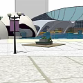 Modern Public Architectural Structure Featuring Curved Roof Water Pool Trees And Outdoor Landscaping