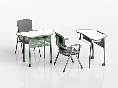 Practical Study Desk and Chair Set with White Tabletop Green Frame and Gray Mesh Seats 3d model