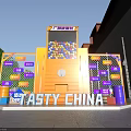 Tasty China Themed Yellow Installation With Colorful Balls Purple Signs Green Plants And Brick Wall