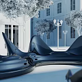 Outdoor Chairs Modern Design With Shiny Surface White Building Trees And Street Lamps