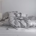 Minimalist Double Bed Interior With Gray Wall White Bedding Floor Lamp And Round Rugs