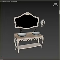 Ornate Double Sink Vanity With Carved Frame Marble Countertop Mirror And Wall Sconces On Dark Background