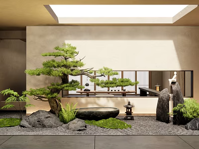 Japanese Courtyard Garden With Bonsai Rocks Moss Lantern And Stone Basin 3d model