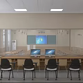 Spacious School Classroom Interior With Neatly Arranged Wooden Desks And Bright Ceiling Lights
