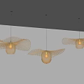 Three Light Brown Woven Wing Shaped Pendant Lights Hanging From White Ceiling 3d model