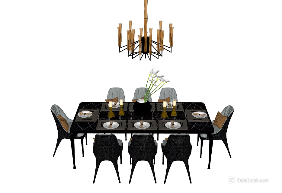 Modern Dining Table Set With Black Chairs Tableware Flower Vase And Chandelier 3d model 