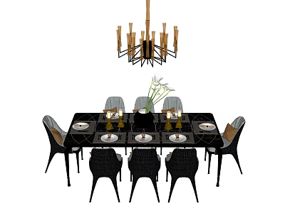 Modern Dining Table Set With Black Chairs Tableware Flower Vase And Chandelier 3d model