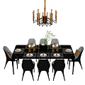 Modern Dining Table Set With Black Chairs Tableware Flower Vase And Chandelier