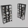 Modern Bookcases with Metal Frames Glass Doors and Shelves Holding Books Vases and Decorative Items