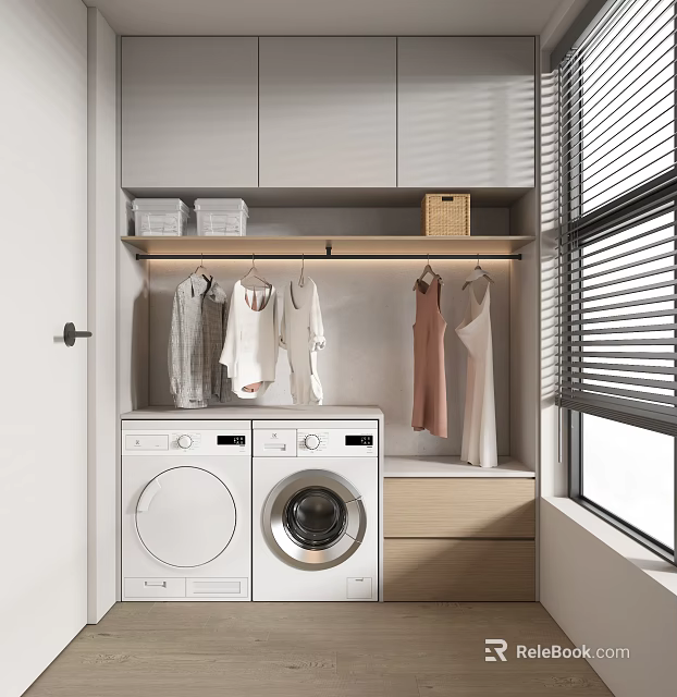 Modern Bathroom Cabinet Rack With Washer Dryer Combo Hanging Clothes Storage Shelf And Window Blinds 3d model 