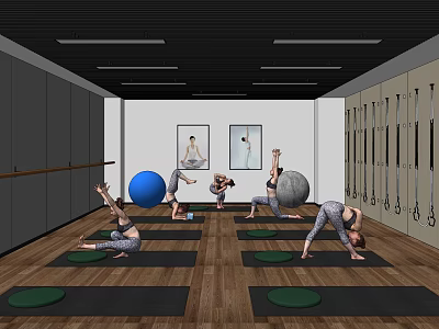 Yoga Fitness Practice With Balls Mats And Wall Art In Studio With Wooden Floor 3d model