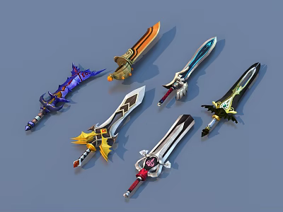 Fantasy Weapons Collection Featuring Colorful Swords With Diverse Designs And Ornate Handles 3d model
