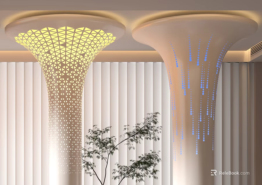 Modern Decorative Pillars Illuminated With Yellow And Blue Lights Near Window Blinds And Green Plants 3d model 