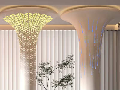 Modern Decorative Pillars Illuminated With Yellow And Blue Lights Near Window Blinds And Green Plants 3d model