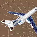 Simple Blue and White Airplane Model Flying Against Brown Background