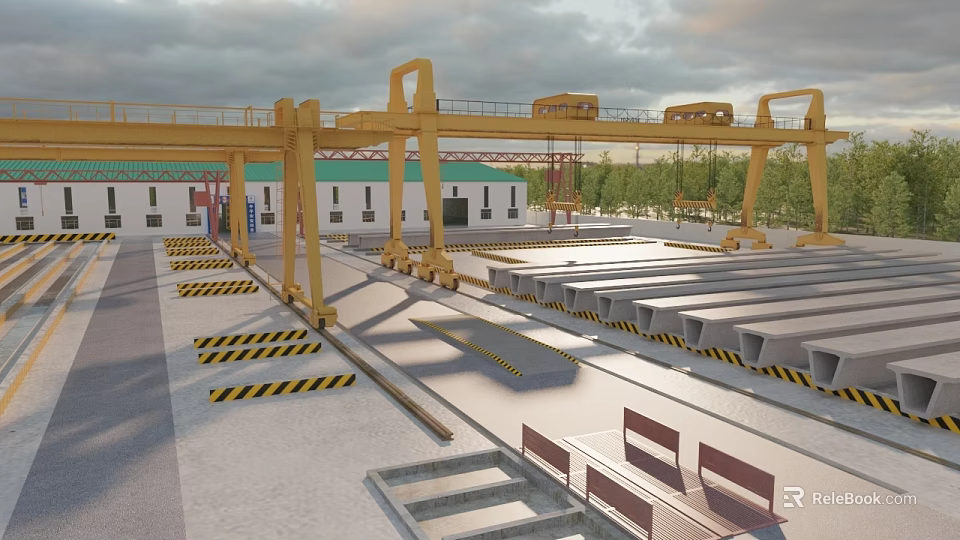 Industrial Factory Plant Outdoor Yard With Yellow Cranes Buildings Stacked Materials And Ground Warning Stripes 3d model 