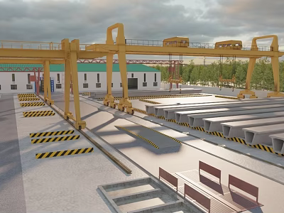 Industrial Factory Plant Outdoor Yard With Yellow Cranes Buildings Stacked Materials And Ground Warning Stripes 3d model