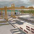 Industrial Factory Plant Outdoor Yard With Yellow Cranes Buildings Stacked Materials And Ground Warning Stripes