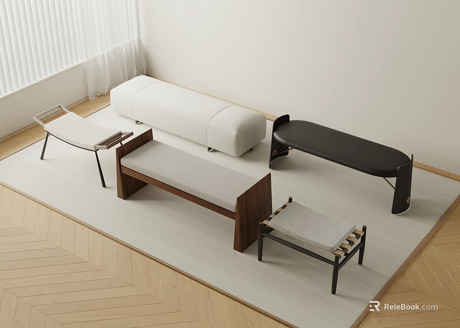 Modern Interior With Stylish Stools And Bench In Wooden Metal White Black Brown 3d model 