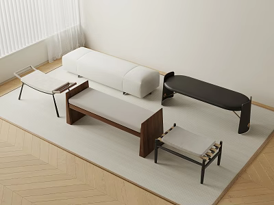 Modern Interior With Stylish Stools And Bench In Wooden Metal White Black Brown 3d model