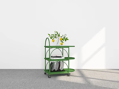 Green Three Tier Rolling Shelf With Lemon Branches Book Plates On White Wall Gray Floor 3d model