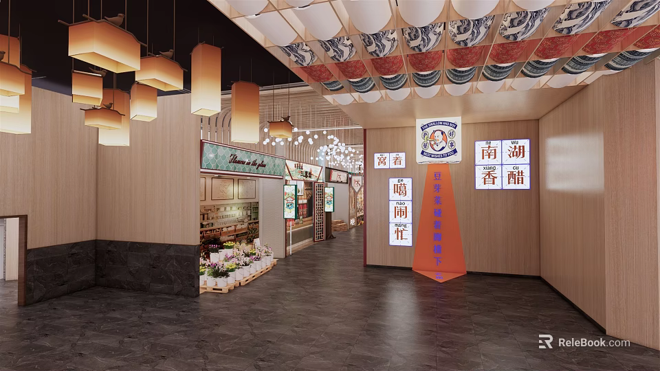 Traditional Chinese Restaurant Interior With Wooden Lanterns And Flower Display Area 3d model 