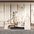 Traditional Chinese Interior Design Featuring Landscape Painted Screen And Wooden Frame