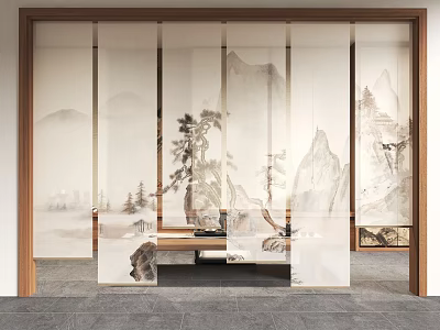 Traditional Chinese Interior Design Featuring Landscape Painted Screen And Wooden Frame 3d model