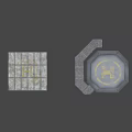 3D Model Of Octagonal Platform With Yellow Logo Metal Stairs And Grid Structure