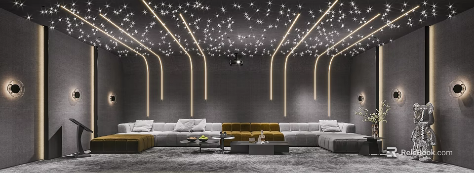 Modern Home Theater With Starry Ceiling Linear Lights And Sofas 3d model 