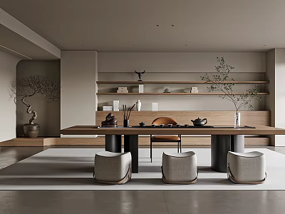 Minimalist Tea Room Interior Design With Wooden Long Table Stools Tea Set And Decorative Plants 3d model