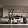Minimalist Tea Room Interior Design With Wooden Long Table Stools Tea Set And Decorative Plants